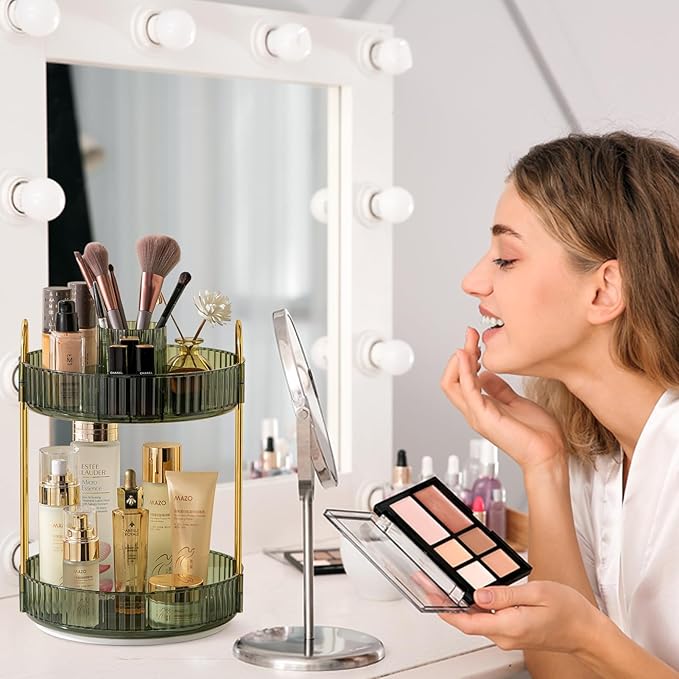 Rotating Makeup Organizer for Vanity, High-Capacity Skincare Clear Make Up Storage Perfume Organizers Cosmetic Dresser Organizer Countertop 360 Spinning (Green, New-2 Tier)-FemmiqueWomen