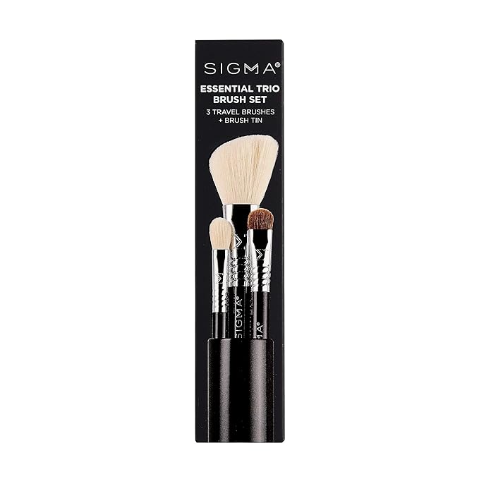 Sigma Beauty Travel Essential Trio - Makeup Brush Set for Foundation Powder Eyeshadow - 3 Tool Brushes with Brush Tin Holder - Skin Safe, Vegan Makeup Brushes for Travel - Black-FemmiqueWomen