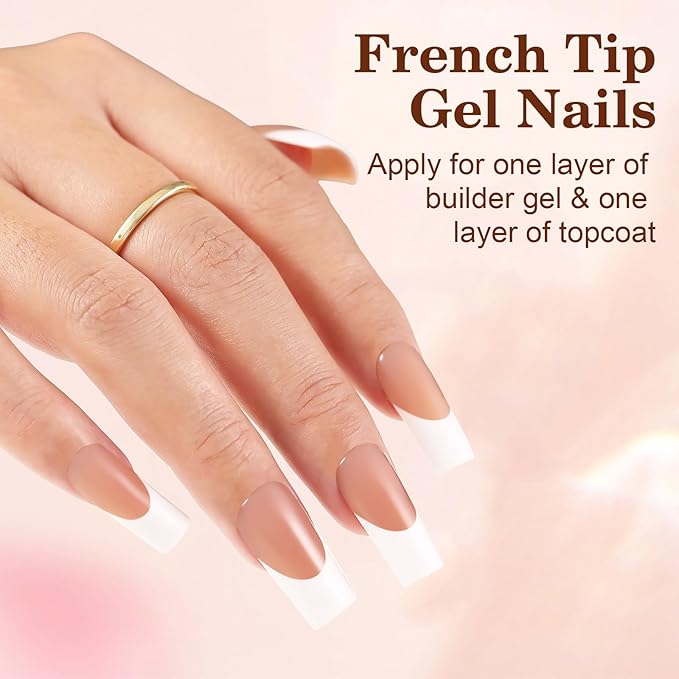 Long French Tip Press on Nails, 150pcs Soft Brown French Gel Nail Tips 15Sizes, Pre-lasting Soak Off Square Acrylic Fake Nails, No Need to File False Nail Tips Extension for Women Nail