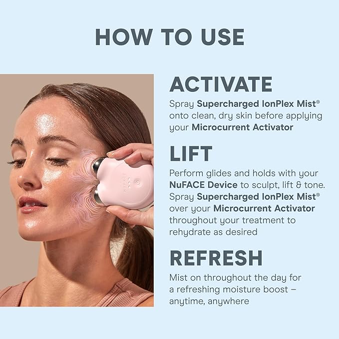 NuFACE Supercharged IonPlex Facial Mist - 3-in-1 Ultra-Fine Hydrating Face Mist & Pore Minimizer with Hyaluronic Acid + IonPlex Technology to Lock in Moisture and Enhance Microcurrent Treatment (5 oz)-FemmiqueWomen