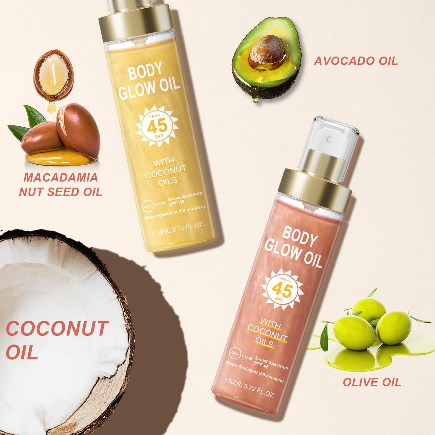 Body Glow Oil, Sunscreen Shimmer Oil, SPF 45 Broad Spectrum, Body Oil with with Coconut Oils, Moisturizing Glow for Face & Body, Liquid Illuminator Highlighter, Water Resistant, 3.72 fl oz (#02 ROSE)-FemmiqueWomen