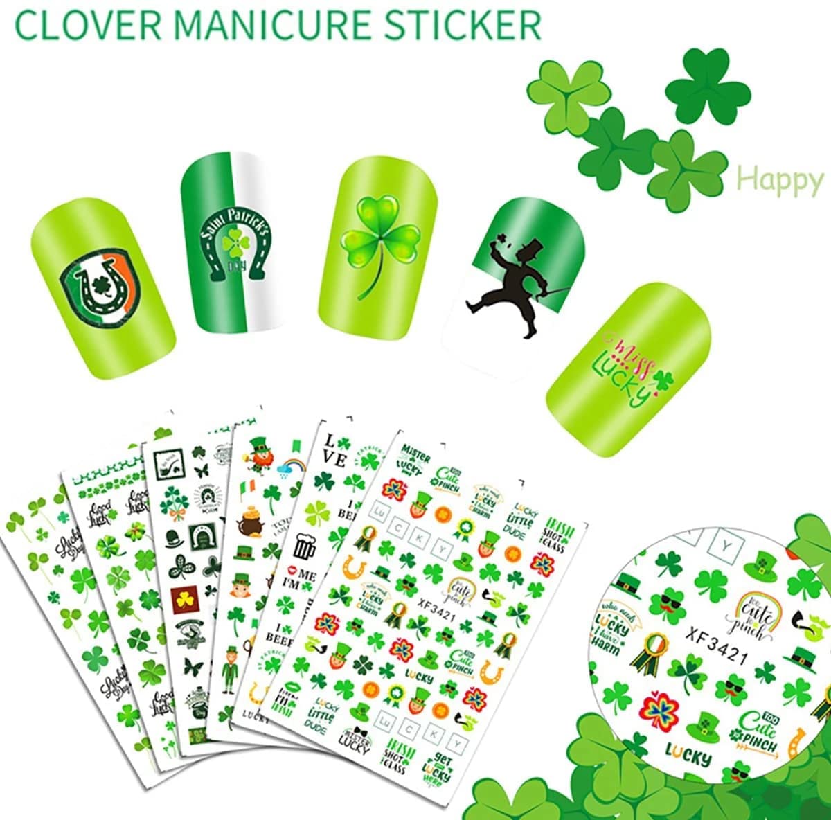10 Pcs St. Patrick's Day Nail Art Stickers Luck of The Irish Nail Decals Shamrock Nail Stickers Green Spring Foil Decals Clover Nail Art Design Saint Patrick's Day Nail Decoration Supplies for Women-FemmiqueWomen