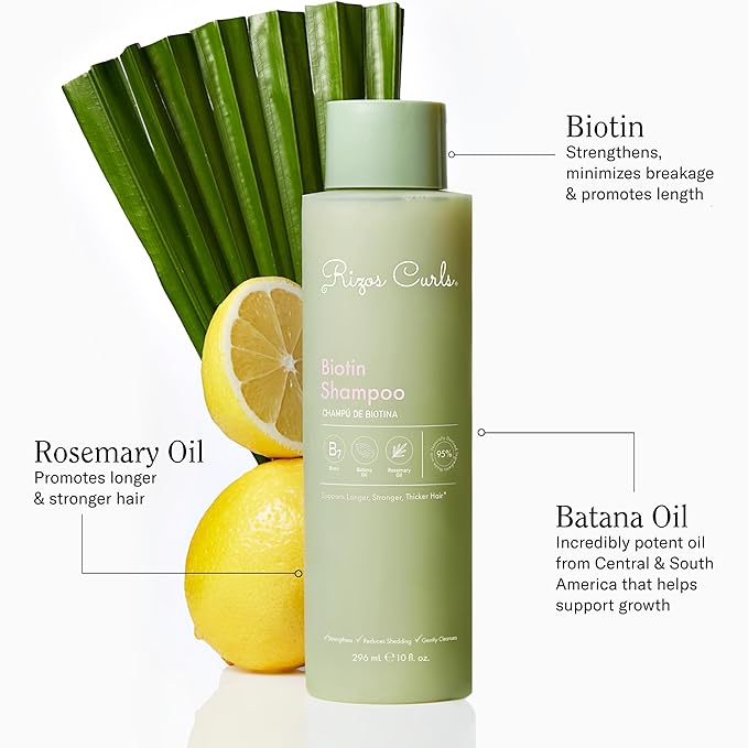 Rizos Curls Biotin Shampoo, Gently Cleanse & Nourish, Rosemary Oil & Oat Protein for Longer and Stronger Hair, Hair is Fuller, Softer & Shinier, 2.5 oz-FemmiqueWomen