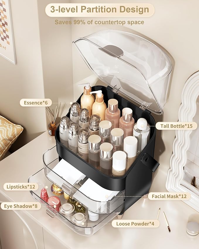 Makeup Organizer, Skincare Holder Bathroom Counter Organizer, Storage Box Cosmetic Display Cases, Teen Girl Gifts Trendy Stuff Make up Organizers for Vanity, Dresser, Countertop (black)-FemmiqueWomen