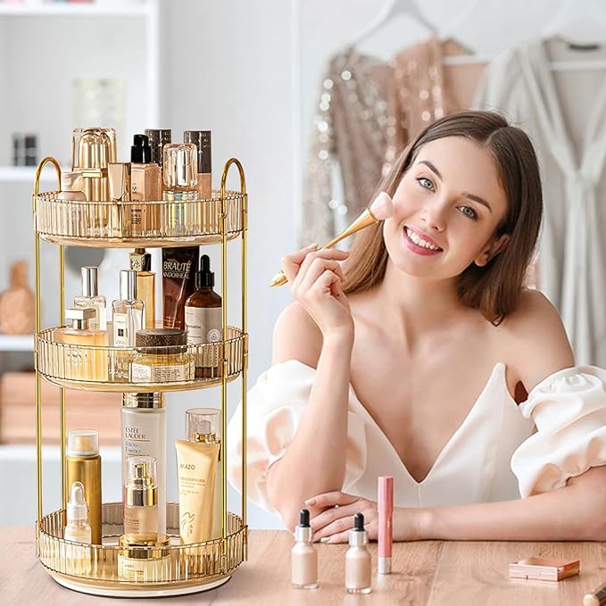 Rotating Makeup Organizer for Vanity, High-Capacity Skincare Clear Make Up Storage Perfume Organizers Cosmetic Dresser Organizer Countertop 360 Spinning (Gold, 3 Tier)-FemmiqueWomen
