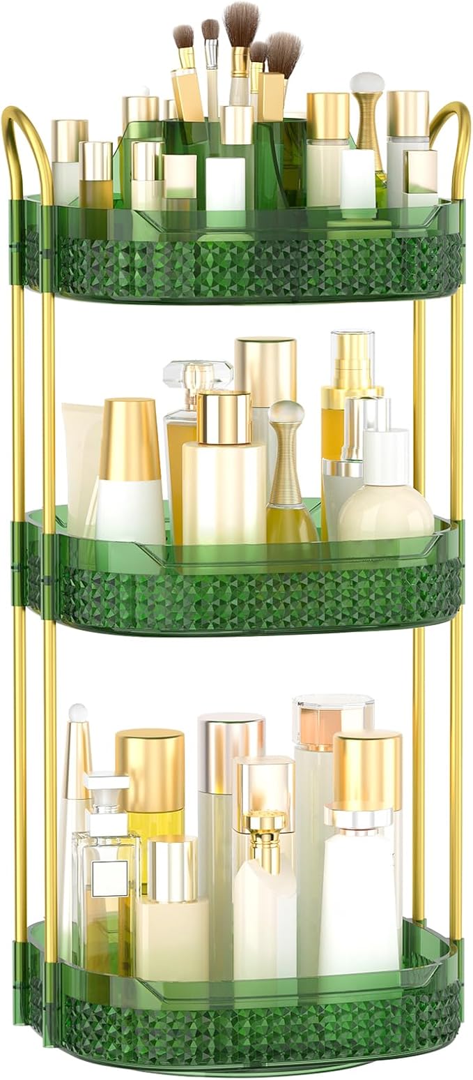 Rotating Makeup Organizer for Vanity 3 Tier, Perfume Organizer with Makeup Brush Holder, Large Capacity Cosmetics Clear Skincare Organizer for Countertop (Green)-FemmiqueWomen