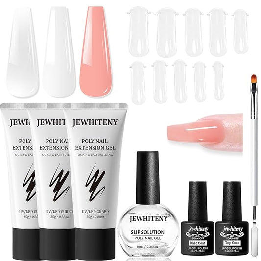 JEWHITENY Poly Nail Gel Set Clear Pink White Poly Extension Gel With Base Coat Top Coat Slip Solution French Manicure Need U V Lamp Curing for Finger Art and Home DIY-FemmiqueWomen