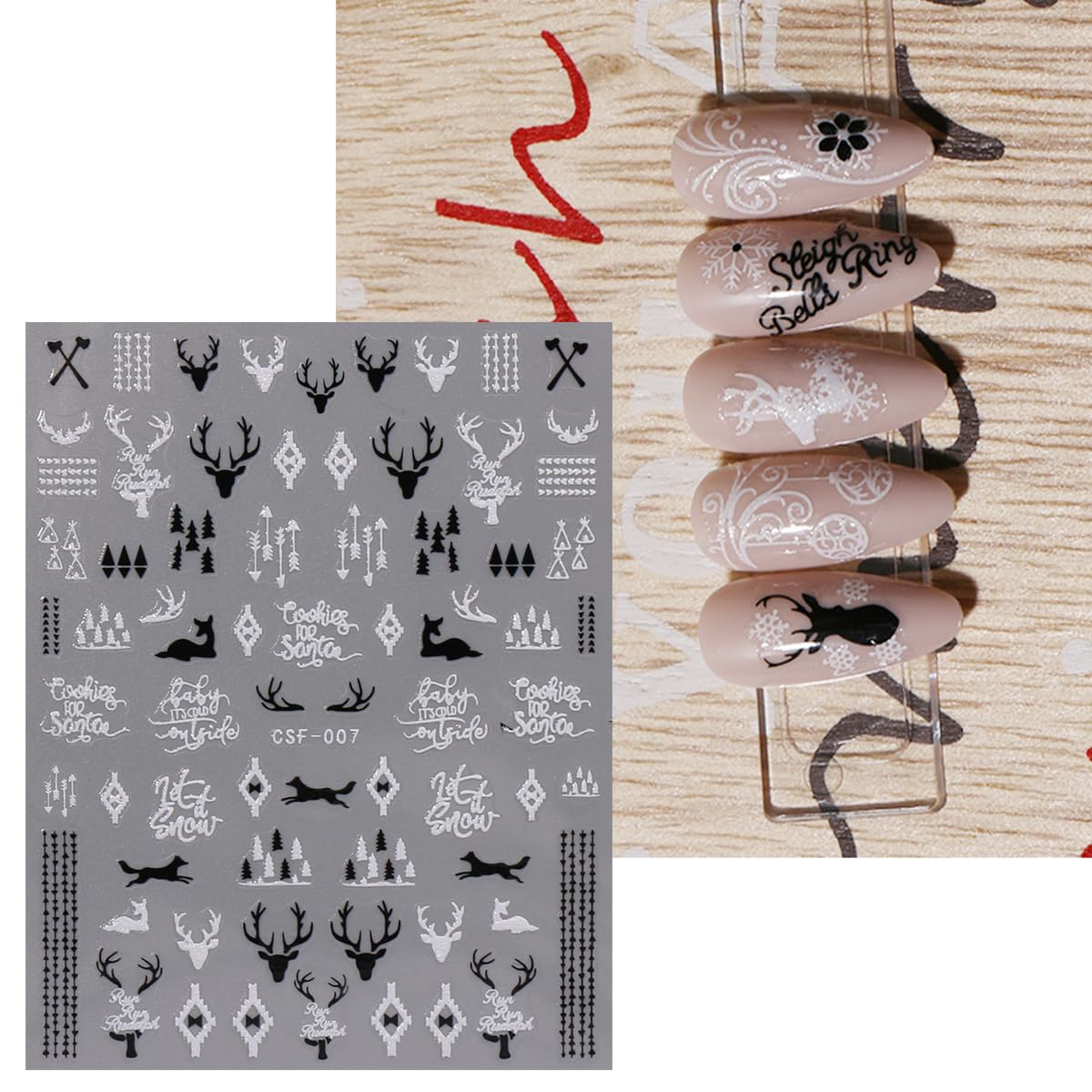 JMEOWIO 9 Sheets Christmas Glitter Nail Art Stickers Decals Self-Adhesive White Black Nail Supplies Nail Art Design Decoration Accessories-FemmiqueWomen