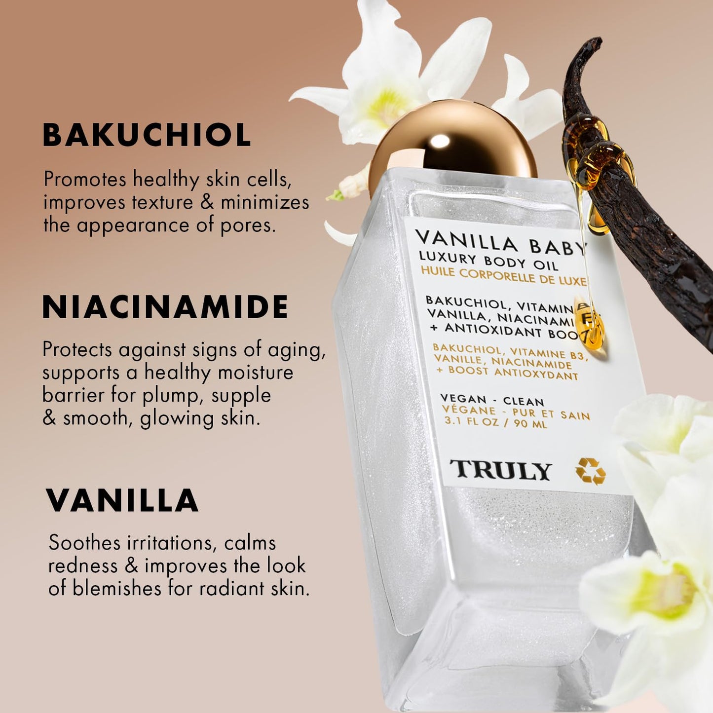 Truly Beauty Vanilla Baby Luxury Body Oil | Plumping Body Shimmer Oil for Hydration & Firmness | With Bakuchiol & Niacinamide for Collagen Boost | Vanilla, Pear & Caramel Scent | Radiant Glow-FemmiqueWomen