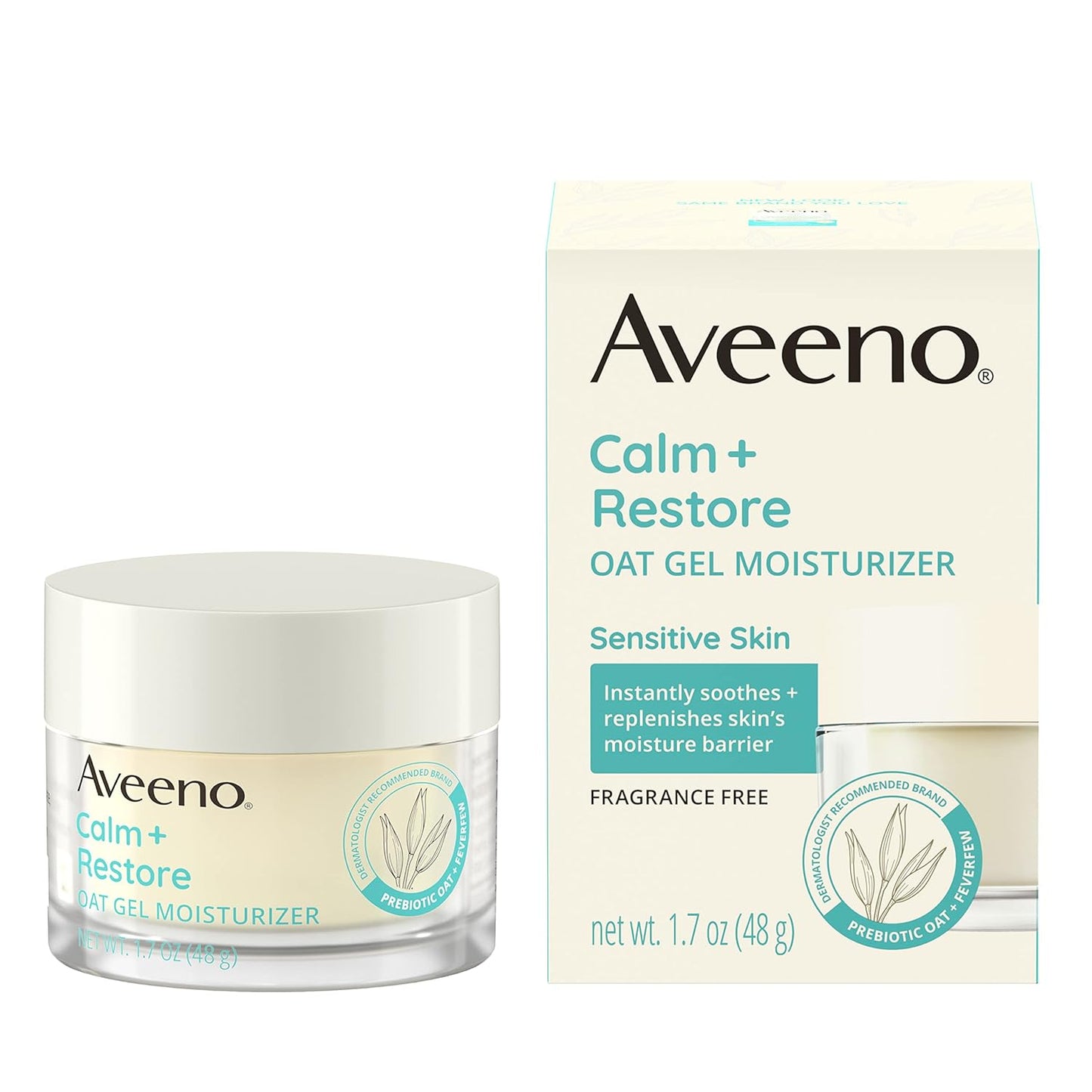 Aveeno Calm + Restore Oat Gel Facial Moisturizer for Sensitive Skin, Fast-Absorbing, Soothing Lightweight Gel Cream with Prebiotic Oat & Feverfew, Fragrance-Free & Hypoallergenic, 1.7 oz-FemmiqueWomen
