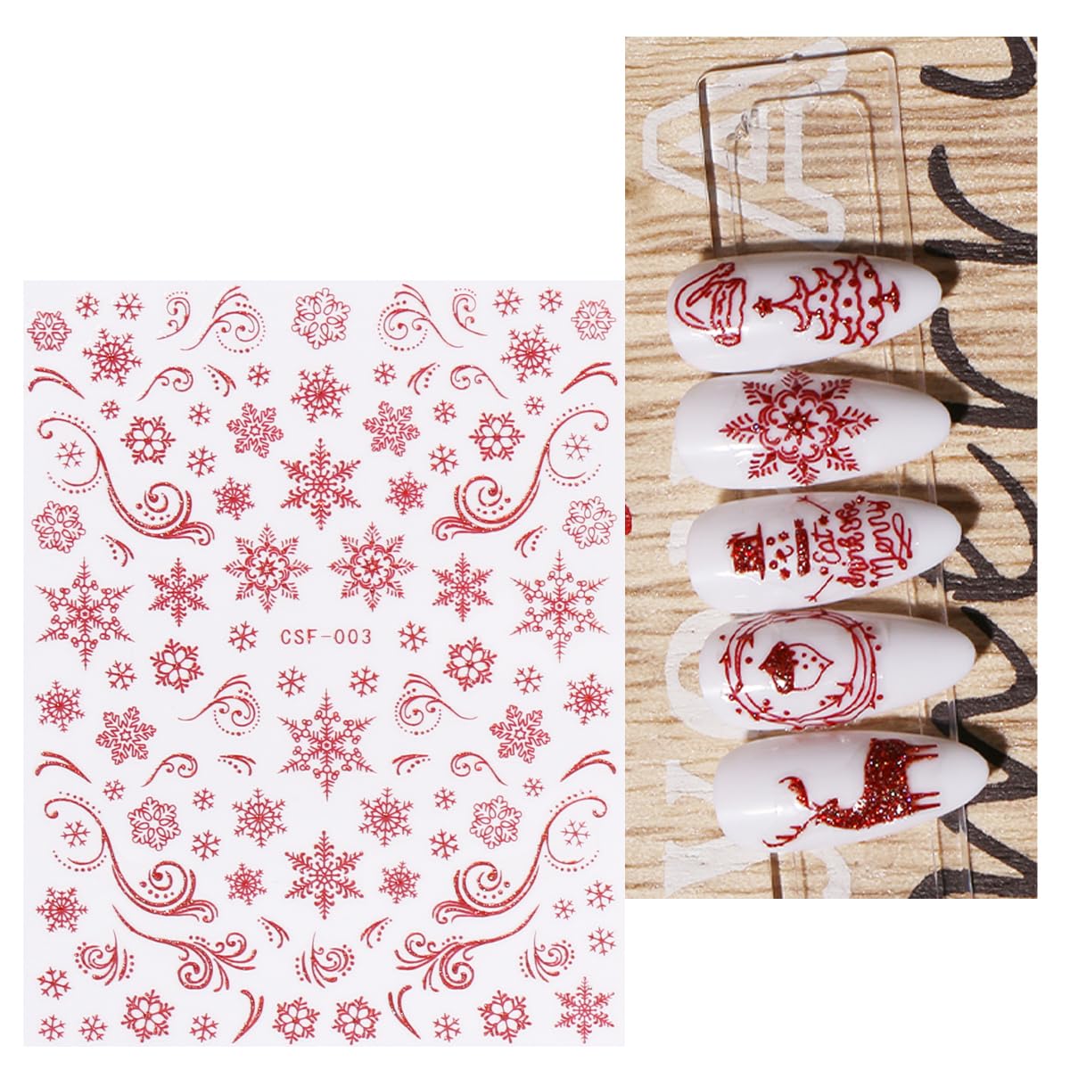 JMEOWIO 9 Sheets Christmas Glitter Nail Art Stickers Decals Self-Adhesive Red Nail Supplies Nail Art Design Decoration Accessories-FemmiqueWomen