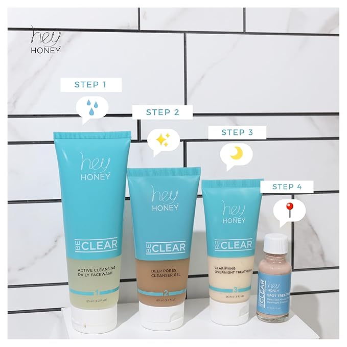 Hey Honey Skincare Be Clear Acne Routine | Daily Active Cleansing Face Wash | Youth & Young Adults, Blemishes Prone | Propolis & Gentle Exfoliating Acids | Fast & Long Lasting Oil Control | 5 fl oz-FemmiqueWomen