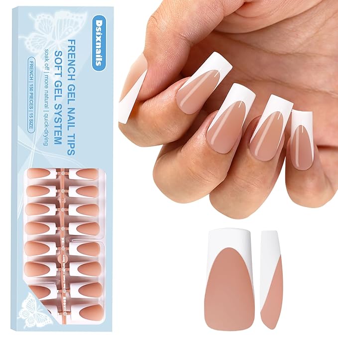 Long French Tip Press on Nails, 150pcs Square Deep Brown French Gel Nail Tips 15Sizes, Pre-lasting Soak Off Acrylic Fake Nails, No Need to File False Nail Tips Extension for Women Nails