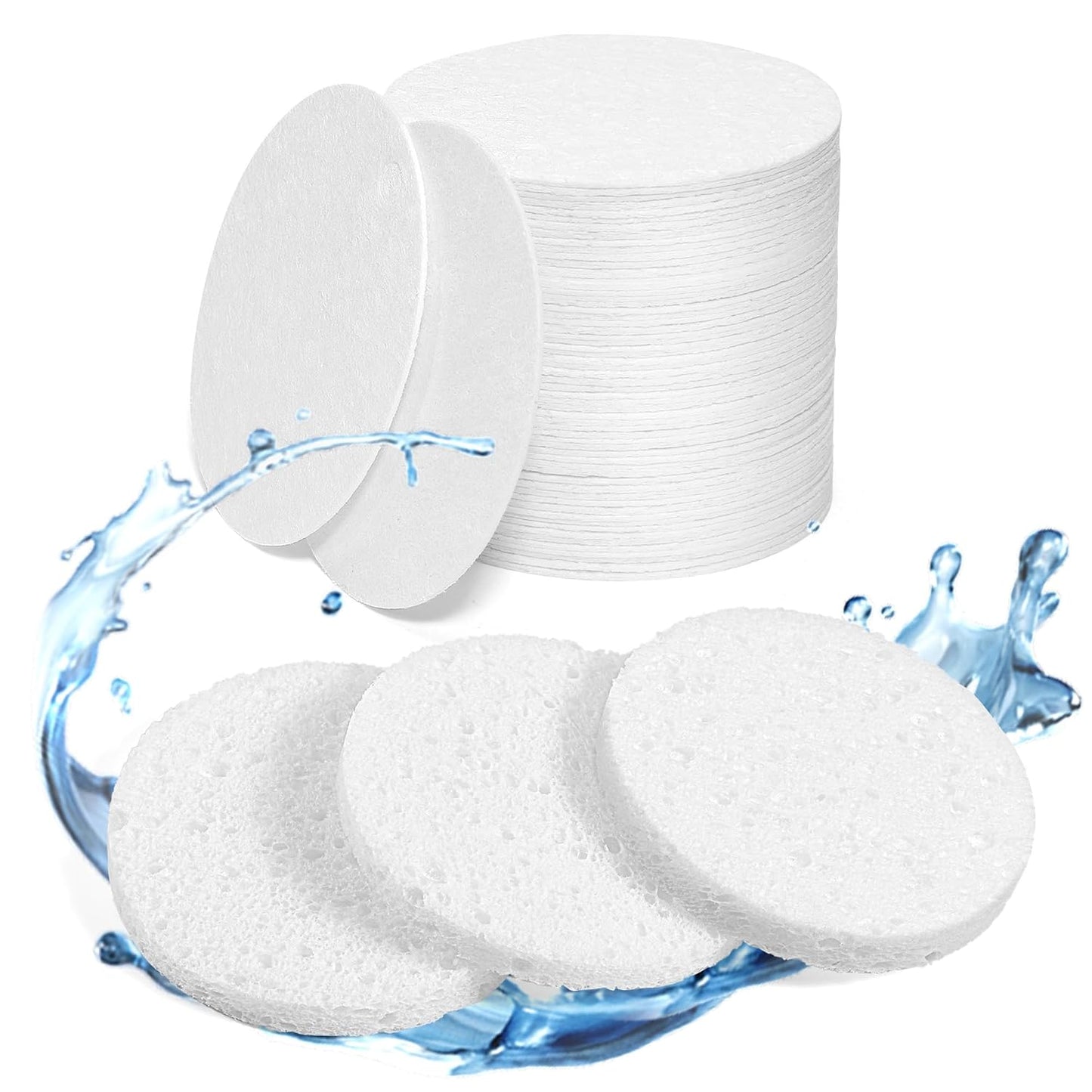 60-Count Compressed Face Sponges for Cleansing, Reusable White Natural Cellulose Travel Essentials Facial Sponge, Women Washing Face Pads for Make Up Remover, Exfoliating, Spa, Skin Care-FemmiqueWomen