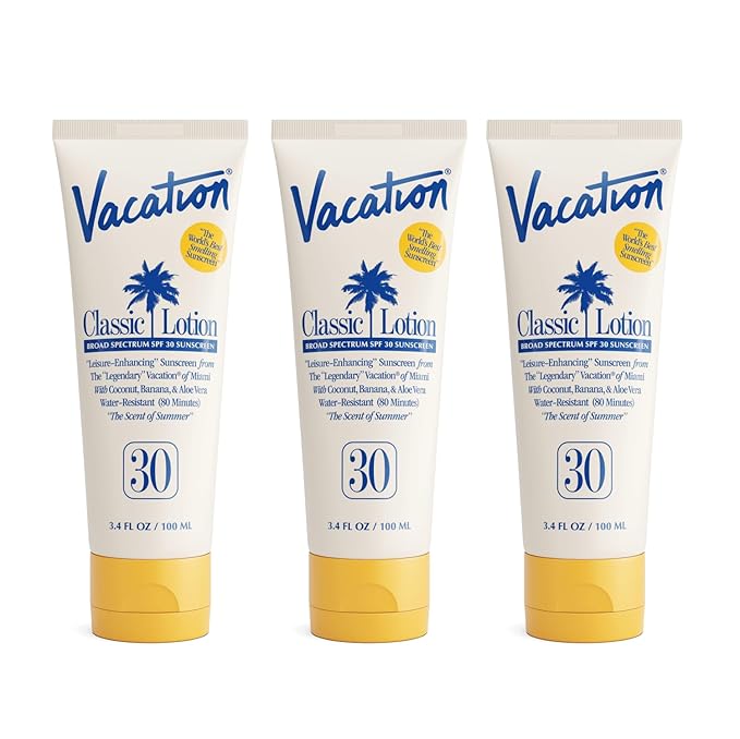 Vacation Classic Sunscreen Lotion SPF 30, Water-Resistant, Lightweight, Transparent on All Skin Tones, Dermatologist-Tested, Vegan, Travel Size, 3.4 Fl. Oz. (Value Pack of 3)-FemmiqueWomen