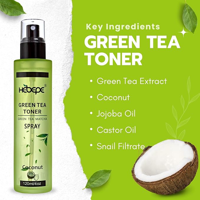 Green Tea Matcha Facial Toner Mist with Coconut Water, Refreshing, and Soothing Face Toner, with Jojoba Oil, Castor Oil, Snail Filtrate,120ml-FemmiqueWomen