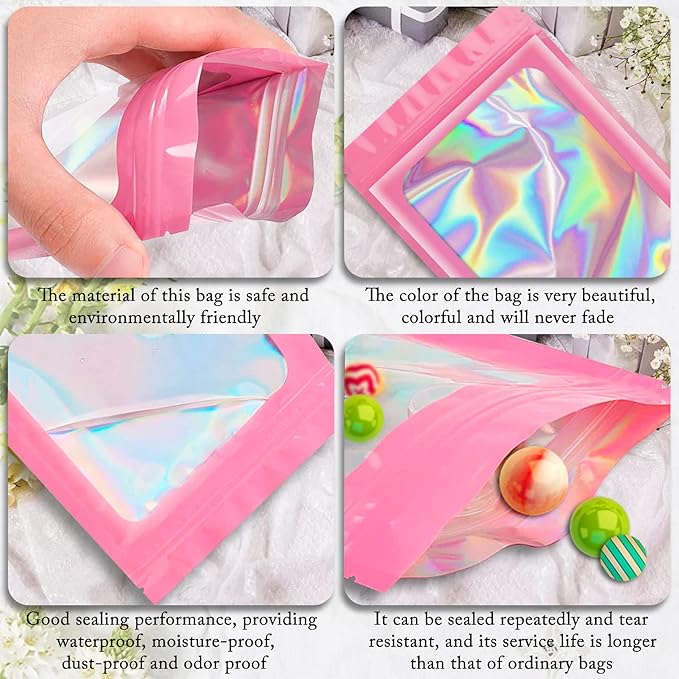 100 Pack Holographic Bags, Resealable Bags Packaging Bag with Clear Window Resealable Odor Foil Pouch for Food Storage, Lipgloss&Jewelry Lash Packaging(Pink, 2.4 x 3.9 Inch)-FemmiqueWomen