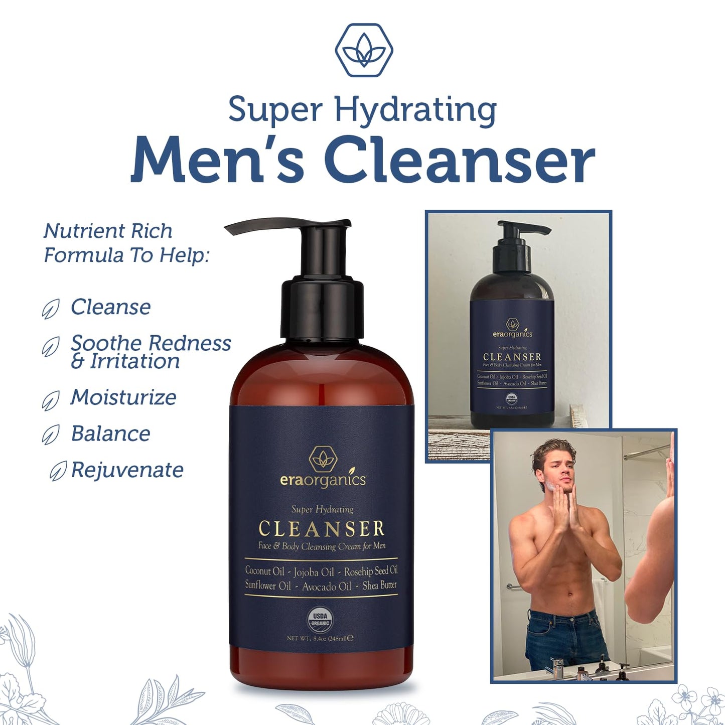 Era Organics USDA Organic Men's Face Wash - Nourishing, Hydrating Facial, Body Cleanser for Smoother Skin-FemmiqueWomen