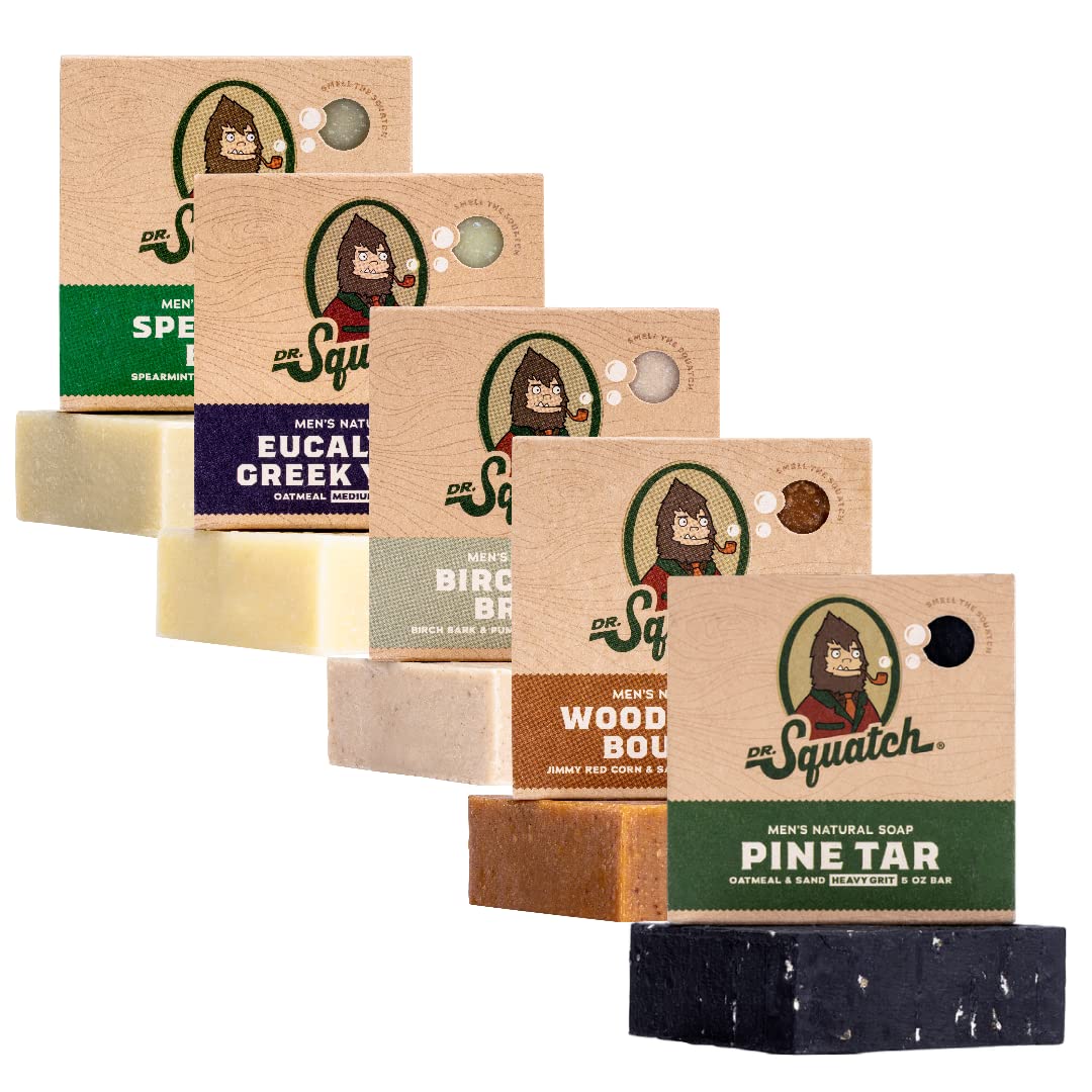 Dr. Squatch Natural Bar Soap for Men - Cold Process Soap with No Harsh Chemicals - Pine Tar, Wood Barrel Bourbon, Birchwood Breeze, Spearmint Basil & Eucalyptus Greek Yogurt (5 oz, 5-Pack)-FemmiqueWomen
