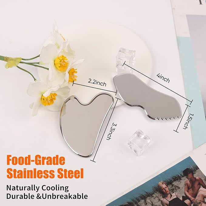 2Pcs Stainless Steel Gua Sha Facial Tools Set, Metal Face Comb Detail Skin Care Tools, Body and Face Gua Sha Sculpting for Tighten Skin Lymphatic Drainage-FemmiqueWomen