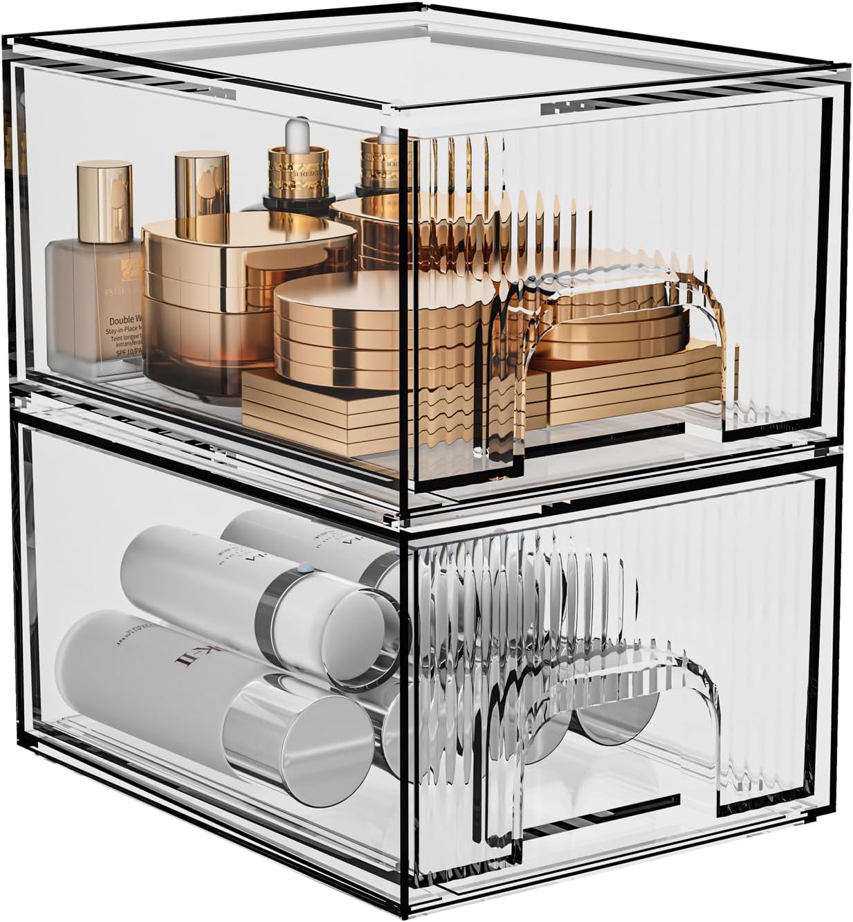 ZHIAI 2 Pack Clear Stackable Cosmetic Organizer, Acrylic Drawer, Plastic Organizer for Dresser, Vanity, Kitchen Cabinet, Pantry, Home Organization and Storage-FemmiqueWomen