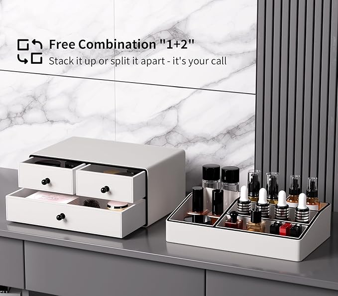 GORESE Leather Makeup Organizer with Drawers for Vanity, Stackable Skincare Holder Dresser Organizer Countertop, Make Up Storage Organizers Counter Cosmetic Display Case Gifts for Women(Cream White)-FemmiqueWomen