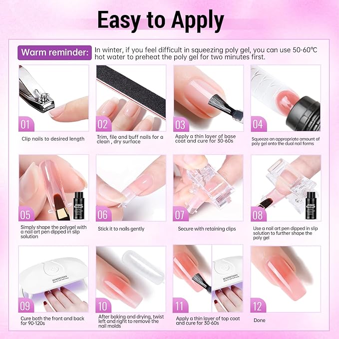 JEWHITENY Poly Gel Nail Kit 28 Colors Nude Gray Glitter with Nail Lamp Base Top Coats Builder Gel All-In-One Set Ideal for Designs DIY At Home Need U V Lamp Curing-FemmiqueWomen
