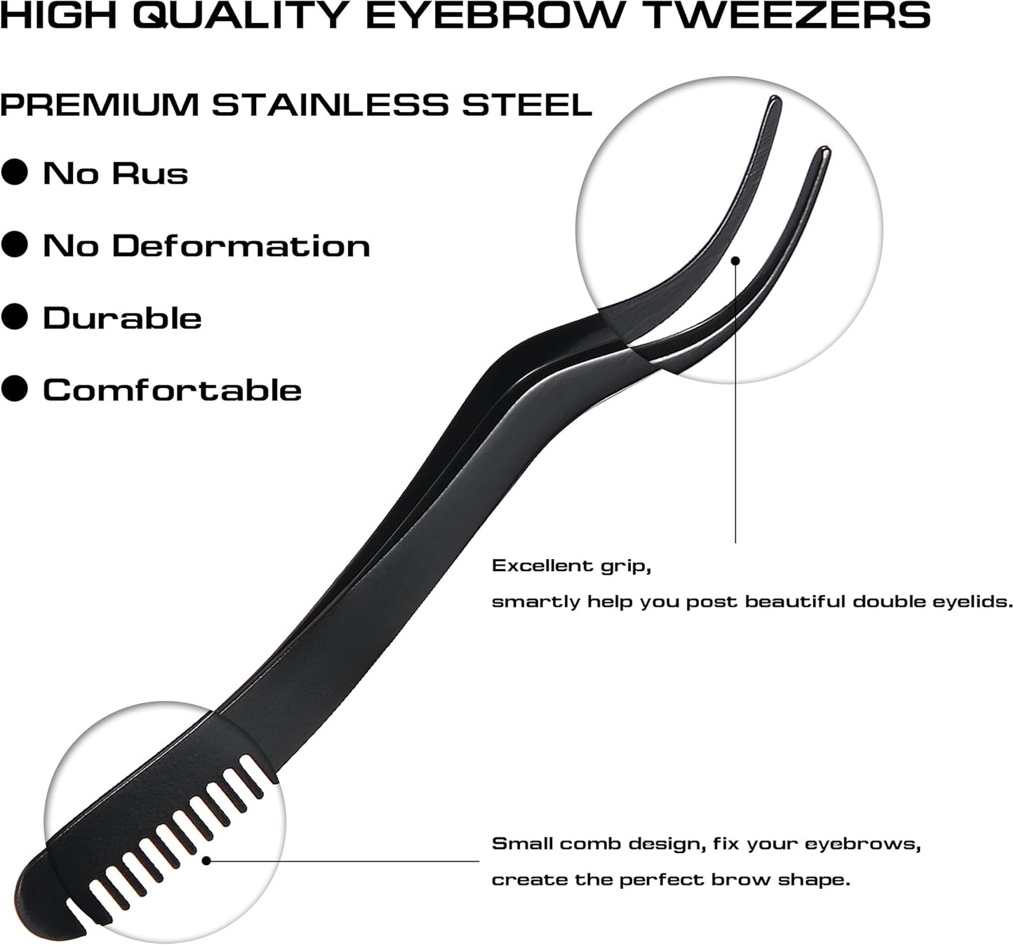 2 in 1 Lash Extension Tweezers with Comb, Stainless Steel Elbow Eyelash Extension Tweezers, Eyelash Tweezers for Lash Extensions, Precise Eyebrow Tweezers Tool for DIY False Eyelashes Clusters, Black-FemmiqueWomen