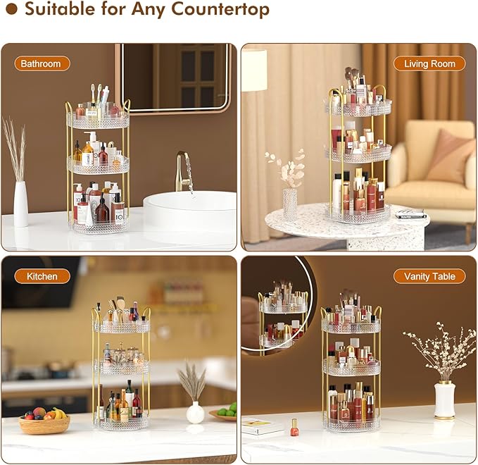 Awenia Rotating Makeup Organizer 360, Stackable Adjustable Large Capacity Cosmetic Storage Unit,Dresser Bathroom Kitchen Countertop Organizer with Metal Handle, Plus Size (Clear, 3 Tier)-FemmiqueWomen