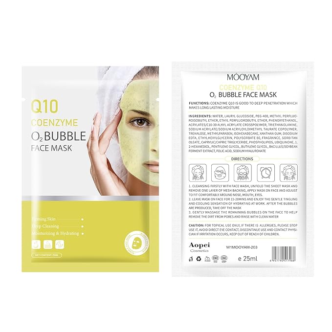 10 Sheets Coenzyme Q10 O2 Bubble Masks for Face, Bubble Face Mask Skincare for All Skin Types, Deep Cleansing Moisturizing Facial Mask Skin Care for Pores, Firming, Purifying, Sheet Masks for Spa-FemmiqueWomen