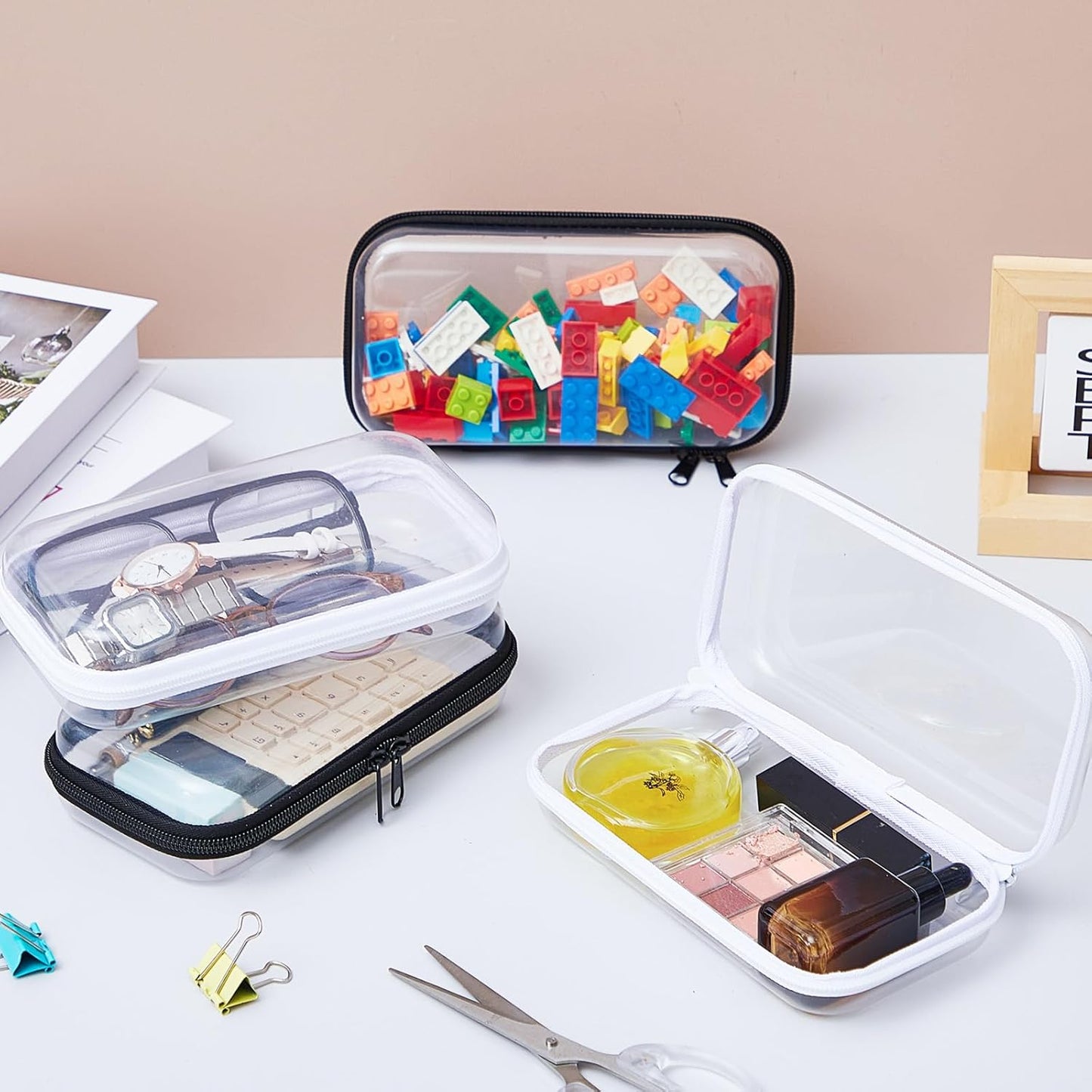 Hoolerry 4 Pcs Hard Clear Zipper Case Makeup Bags Plastic Pencil Pouch Transparent Storage Box Containers for Cosmetics, Snacks, Building Blocks, Puzzles(Black and White,7.5 x 3.9 x 2 in)-FemmiqueWomen