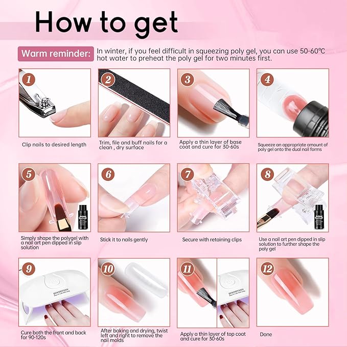 JEWHITENY Poly Extension Gel Nail Kit 14 PCS Poly Gel Kit with Slip Solution and Mini Lamp Nail Art Design Beginner-FemmiqueWomen
