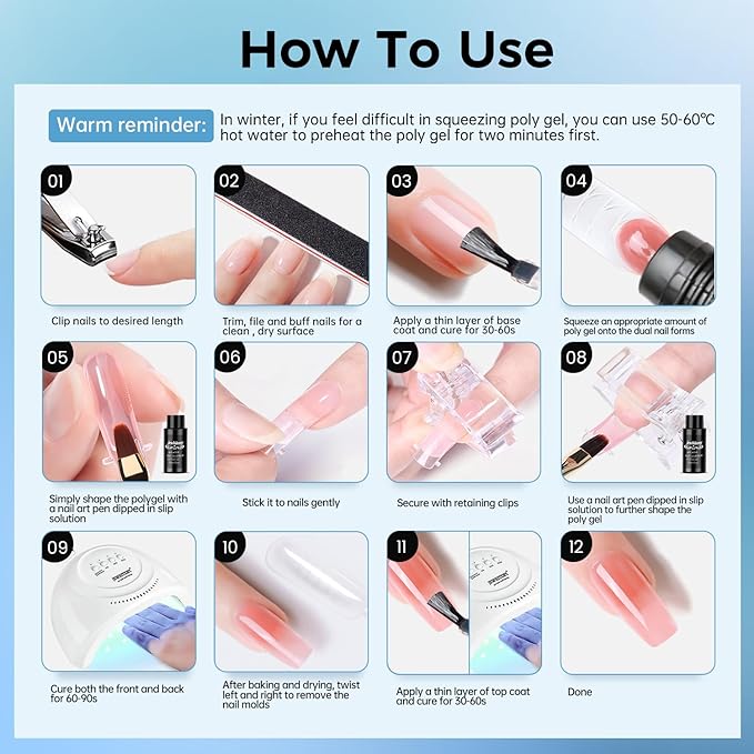 JEWHITENY Poly Nail Gel Kit 14 Colors Purple Nude Grey Black Blue Glitter Tones Starter Kit with UV Lamp Matte & Glossy Top & Base Coat All-in-One Designs DIY At Home-FemmiqueWomen