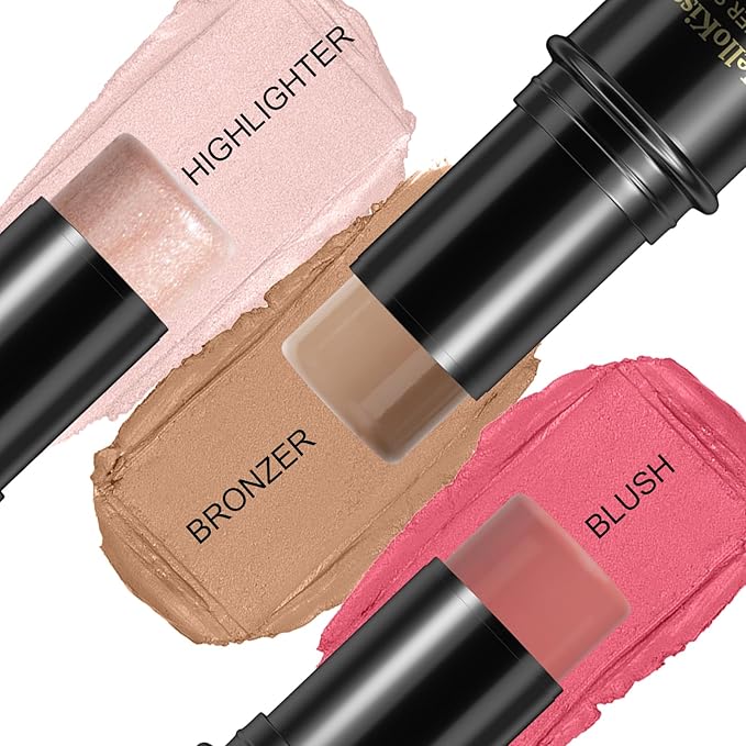 3 Pcs Face Contour Stick Kit, Matte Finish Face Stick Trio with Bronzer Blush Highlighter and Brush, Long Lasting Waterproof Cream Beauty Wand Makeup Set for Sculpt Glowing Face Look (#3, 9, 12)-FemmiqueWomen