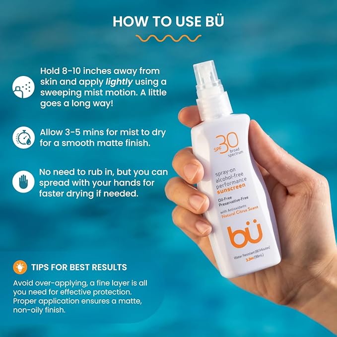 BU SPF 30 Sunscreen Spray for Face and Body, Non Aerosol Spray, Clear WOWmist, TSA Travel Size Sunblock, Oil Free and Water Resistant for Sensitive Skin, Natural Citrus 3.3 oz-FemmiqueWomen
