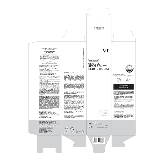 VT COSMETICS 7% Glycolic Acid Reedle Shot Head-to-Toe Mist with Niacinamide, Exfoliating Spray for Bumpy & Strawberry Skin, Dark Spots, Skin Texture, Keratosis Pilaris, Korean Skincare (4.05 fl oz)-FemmiqueWomen