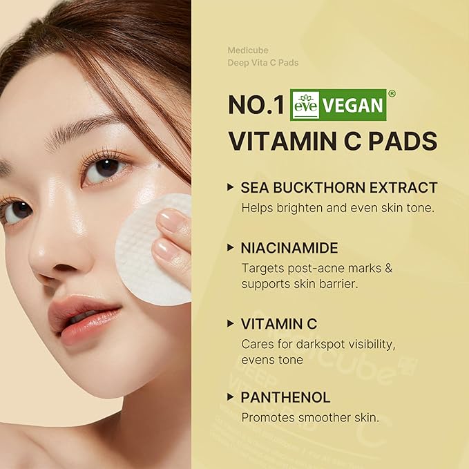 Medicube Deep Vita C Facial Pads, Vitamin C Toner Pads for Uneven Skin Tone, 500,000PPM of vitamin water & 3 types of vitamin, Hydrating & Resurfacing (70 sheets)-FemmiqueWomen