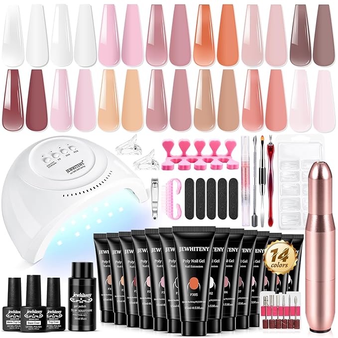 JEWHITENY 14 pcs Poly Gel Nail Extension Kit With Drill Machine U V Nail Light ALL In One Polygel Starter Kit-FemmiqueWomen