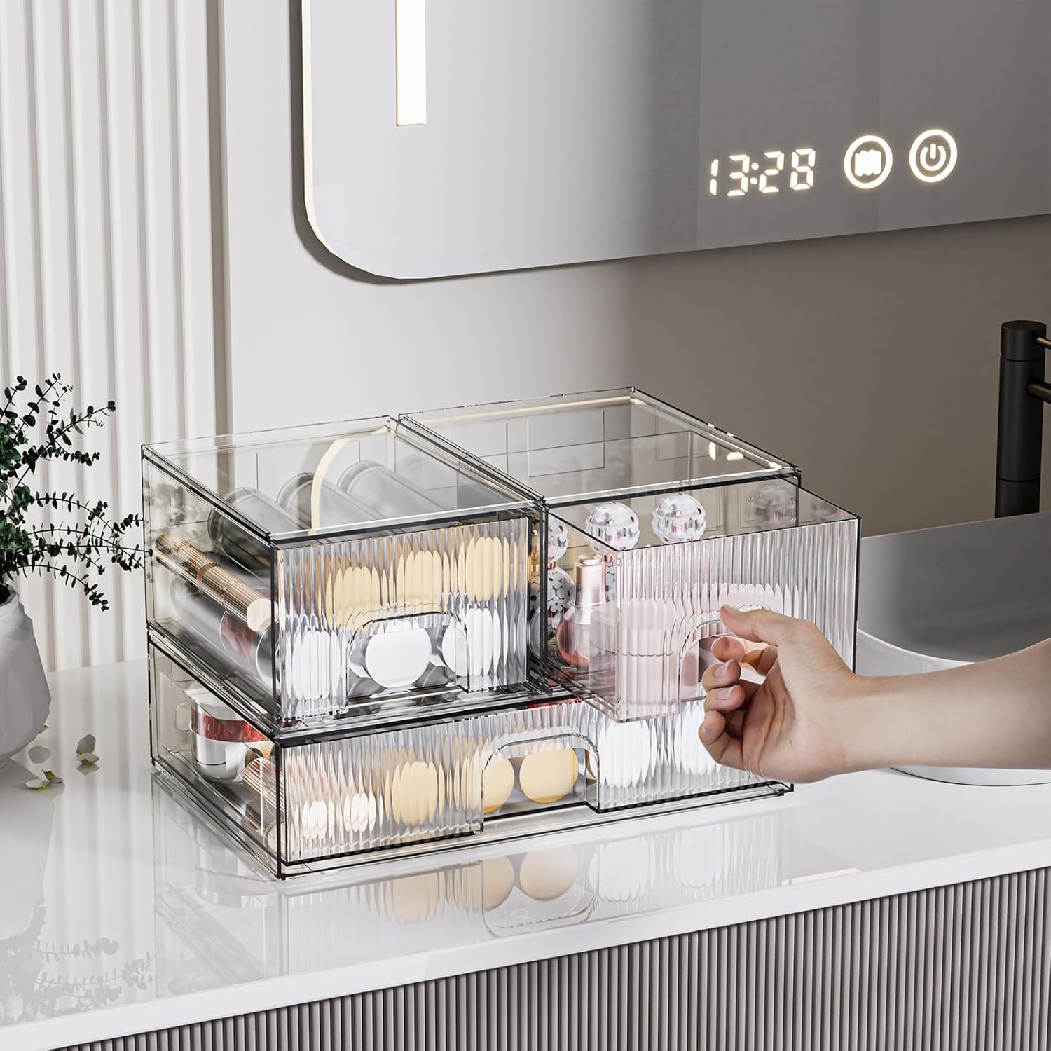 ZHIAI 3 Pack Clear Stackable Cosmetic Organizer with Acrylic Drawers for Cosmetics and Small Items for Dresser, Vanity, Kitchen Cabinet, Pantry, Home Organization and Storage-FemmiqueWomen