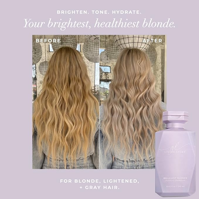 Goldie Locks Brilliant Blonde Purple Shampoo for Blonde, Lightened, Grey Hair, Extensions, Significantly Brightens, Tones, Eliminates Brass, Sulfate-Free, Nourishing, Moisturizing Leave-In, 33.8 Fl Oz-FemmiqueWomen