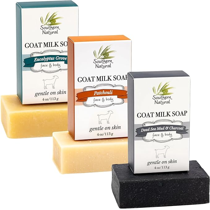 Southern Natural Goat Milk Soap Bar (Variety 3 Pack) Dead Sea Mud & Charcoal, Patchouli, Eucalyptus Grove - For Dry Sensitive Skin. Great For Face and Body.(Each Bar 4-4.5 oz)-FemmiqueWomen