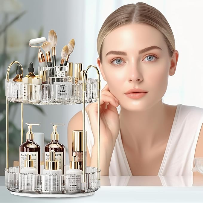360° Rotating Makeup Organizer, Large-Capacity Skincare Make Up Storage 2 Tier Perfume Organizers Cosmetic Dresser Organizer with Makeup Brush Holder, Fits Bedroom, Bathroom, Vanity Shelf Countertop-FemmiqueWomen