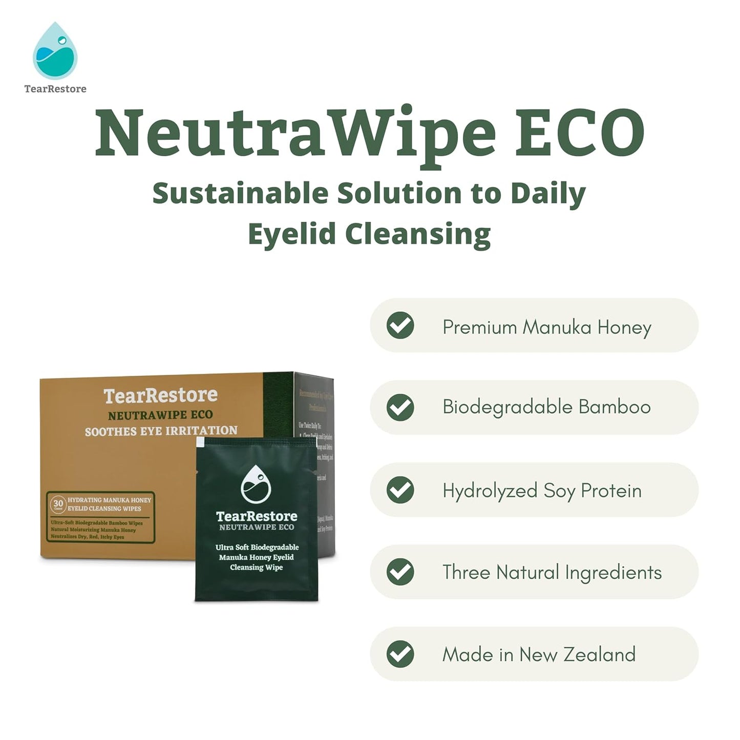 TearRestore NeutraWipe Eco Manuka Honey Eyelid Wipes | Ultra-Soft Biodegradable Eyelash Cleanser For Blepharitis & Dry, Itchy, Swollen, Irritated Eyes (30 Count)-FemmiqueWomen