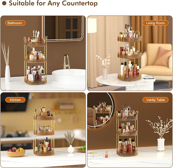 Awenia Rotating Makeup Organizer 360, Stackable Adjustable Large Capacity Cosmetic Storage Unit,Dresser Bathroom Kitchen Countertop Organizer with Metal Handle, Plus Size (Honorable Gold, 3 Tier)-FemmiqueWomen