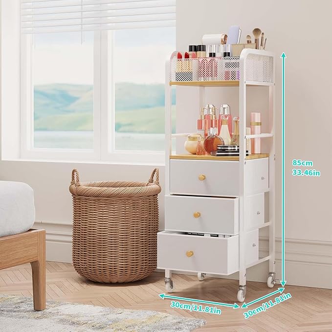 HapiRm Rolling Makeup Cart Organizer - Floor Skincare Make Up Storage with 3 Drawers, Vanity Organizer Cosmetic Display Cases Holder for Skin Care Perfume Nail Polish Brush Hair Tool-FemmiqueWomen