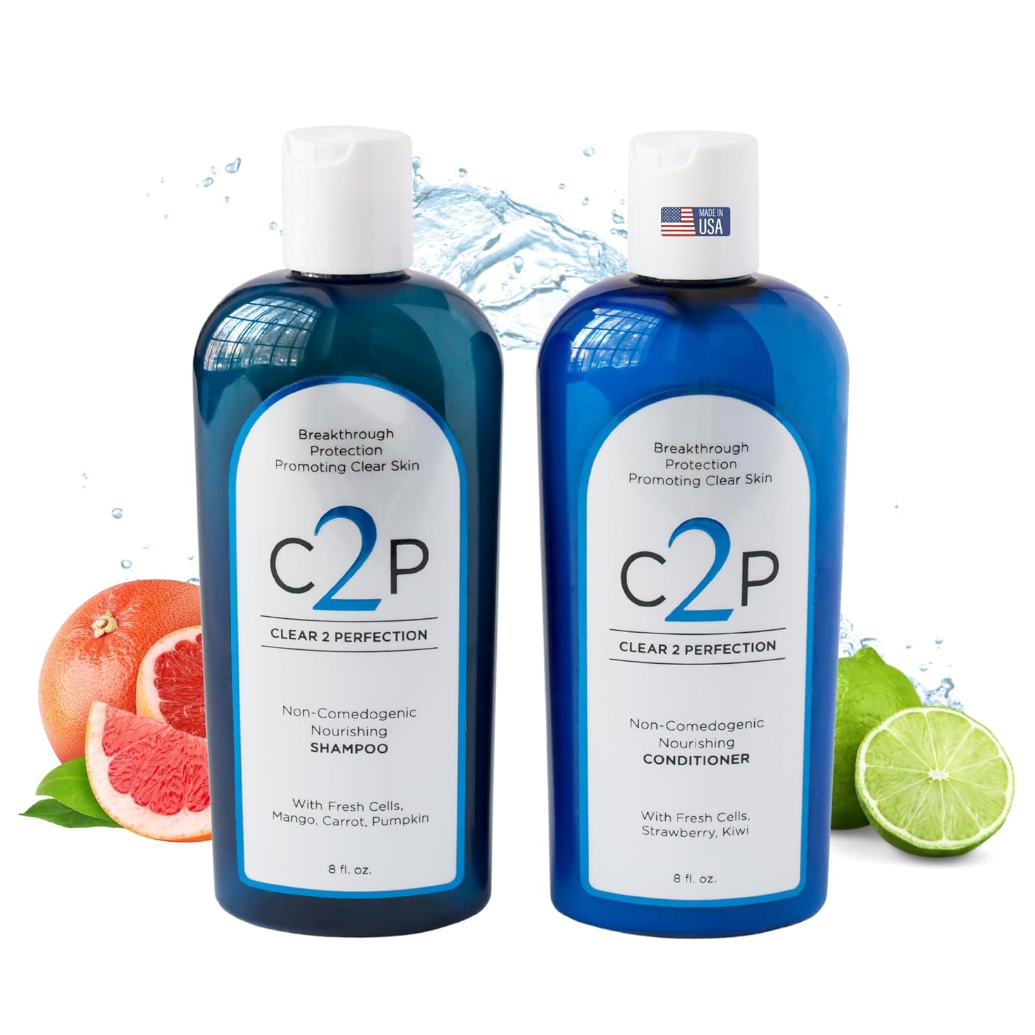 Non-Comedogenic & Sulfate-Free Shampoo & Conditioner Set by Clear 2 Perfection, Ideal for Acne-Prone Skin & Bacne, Esthetician Developed, Fights Breakouts & Promotes Healthy Hair-FemmiqueWomen