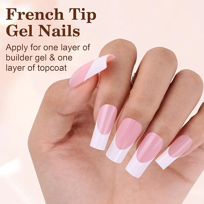 Long French Tip Press on Nails, 150pcs Soft Pink French Gel Nail Tips 15Sizes, Pre-lasting Soak Off Square Acrylic Fake Nails, No Need to File False Nail Tips Extension for Women Nail Gift