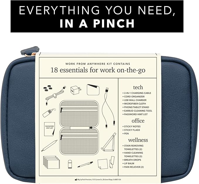 Pinch Provisions Work from Anywhere Kit, Includes 18 Essentials to Help You Stay on Task, Must-Have Essentials, Compact Multi-Functional Vegan Leather Pouch, Navy-FemmiqueWomen