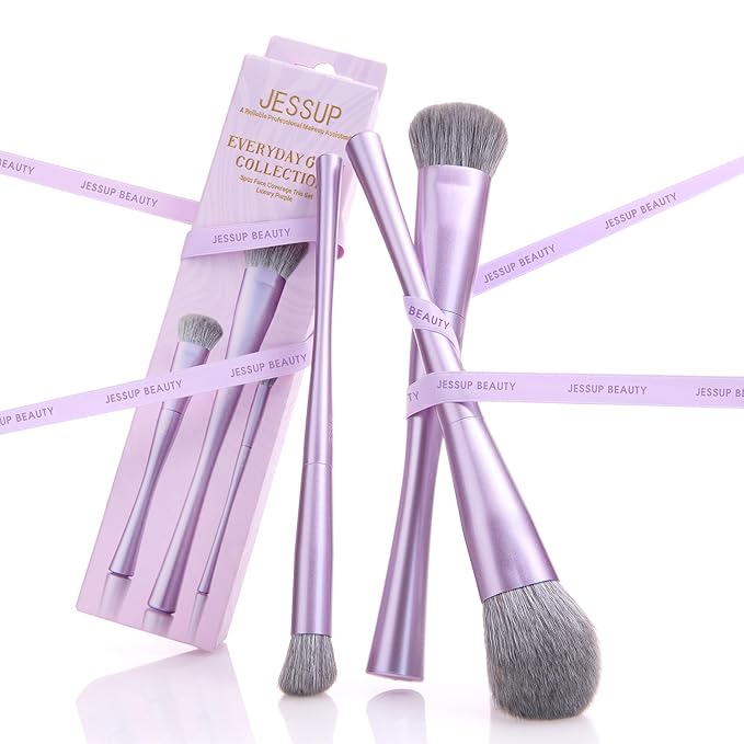 Jessup Face Makeup Brush Set 3 pcs, Ultra-Soft Dense Makeup Brushes for Foundation Contour Powder and Blush, Premium Synthetic Fiber, Luxury Purple T513-FemmiqueWomen