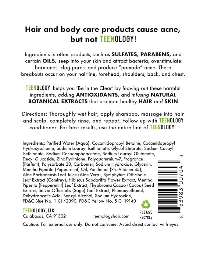 Teenology Shampoo for Teens - Avoid Forehead and Body Acne - No Sulfates or Parabens, Noncomedogenic, Natural Botanical Extracts, 16 oz. (Sweet Mint)-FemmiqueWomen